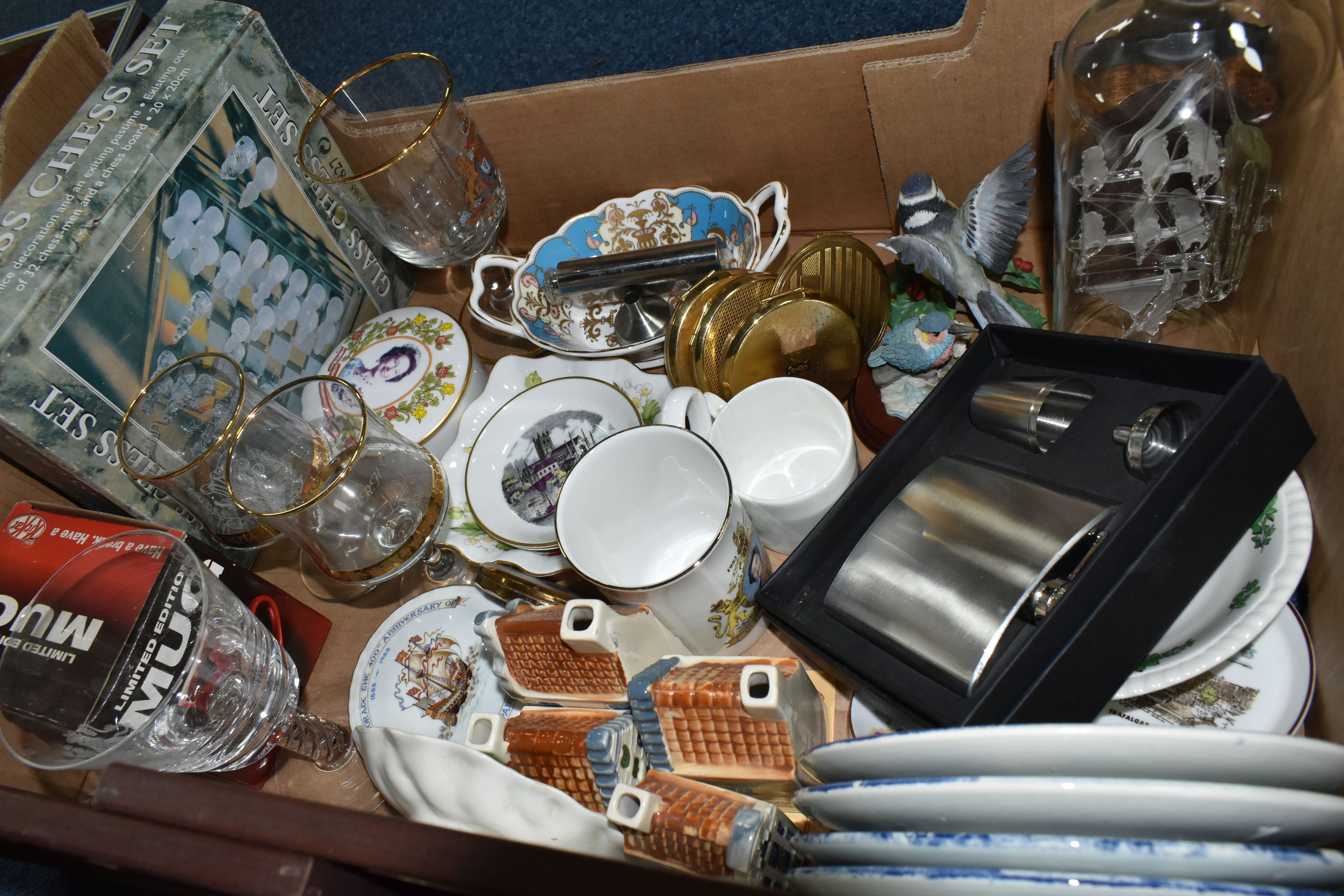 TWO BOXES OF CERAMICS, GLASS, BOOKS, STAMPS, ETC, including three Stratton powder compacts, ship - Image 4 of 8