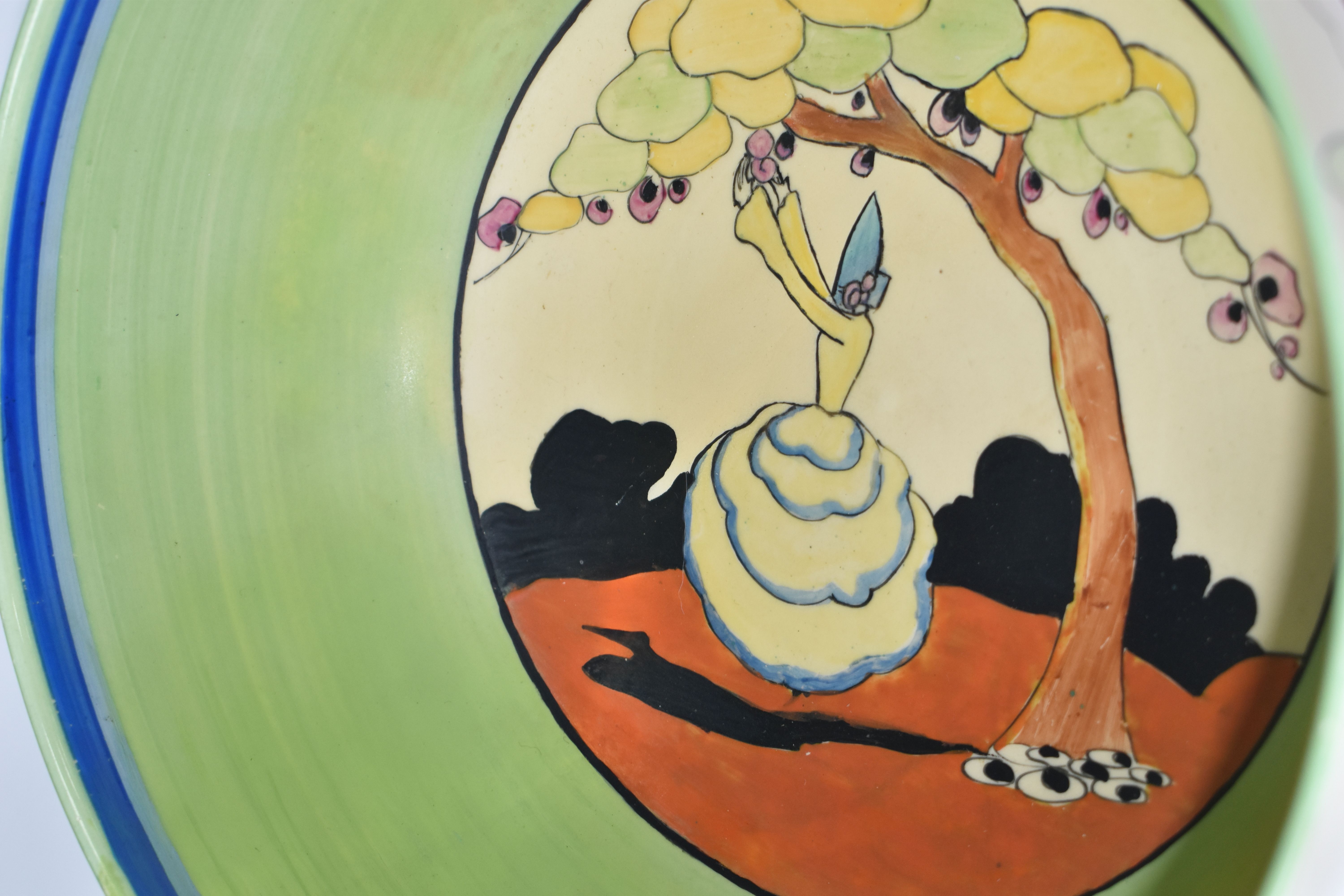 A CLARICE CLIFF 'APPLIQUE IDYLL' CRINOLINE LADY FRUIT BOWL, diameter 21cm, black printed - Image 5 of 7