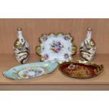 A PAIR OF ROYAL BONN VASES PAINTED WITH BIRDS AND THREE ASSORTED PLATTERS, the vases with pattern