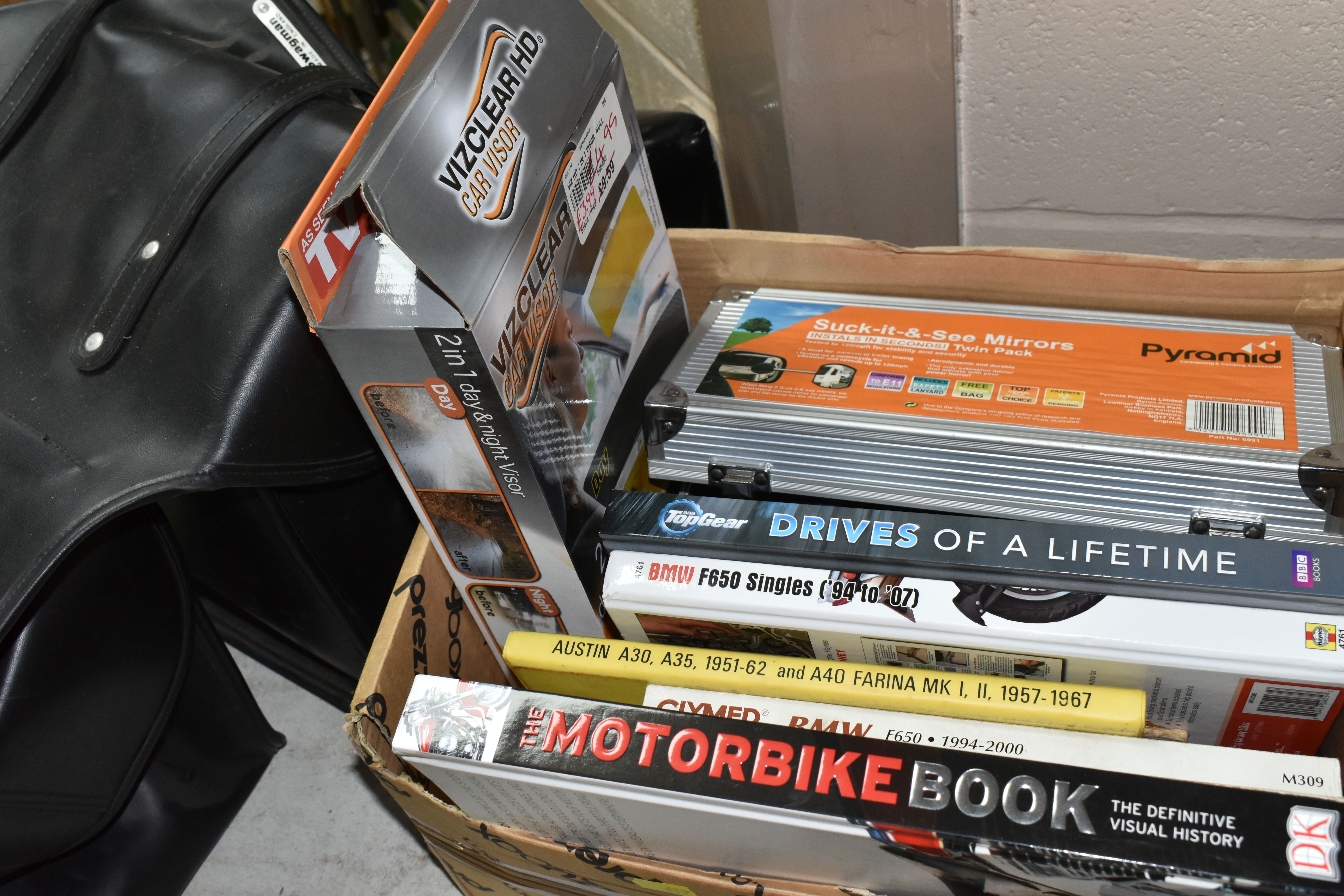 TWO BOXES AND LOOSE MOTORING AND MOTORBIKE INTEREST ITEMS, including a Swagman throw over double - Image 12 of 13