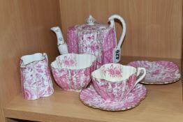 AN EARLY 20TH CENTURY WILEMAN & CO ALEXANDRA SHAPE PART TEA FOR TWO SET, pink Japanese style