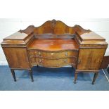 A VICTORIAN MAHOGANY TWIN PEDESTAL SIDEBOARD, with a raised back, two doors flanking two