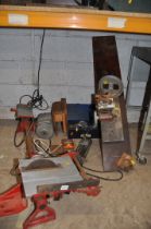 A SERIES OF BELT DRIVEN TOOLS including a Minorette multi tool (incomplete), a small lathe (