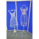 TWO WIRE DRESS MANNEQUINS, each on a pole support and four scrolled legs, tallest height 162cm (