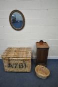 A LARGE INDUSTRIAL WICKER BASKET, with twin rope handles, width 86cm x depth 62cm x height 60cm, a
