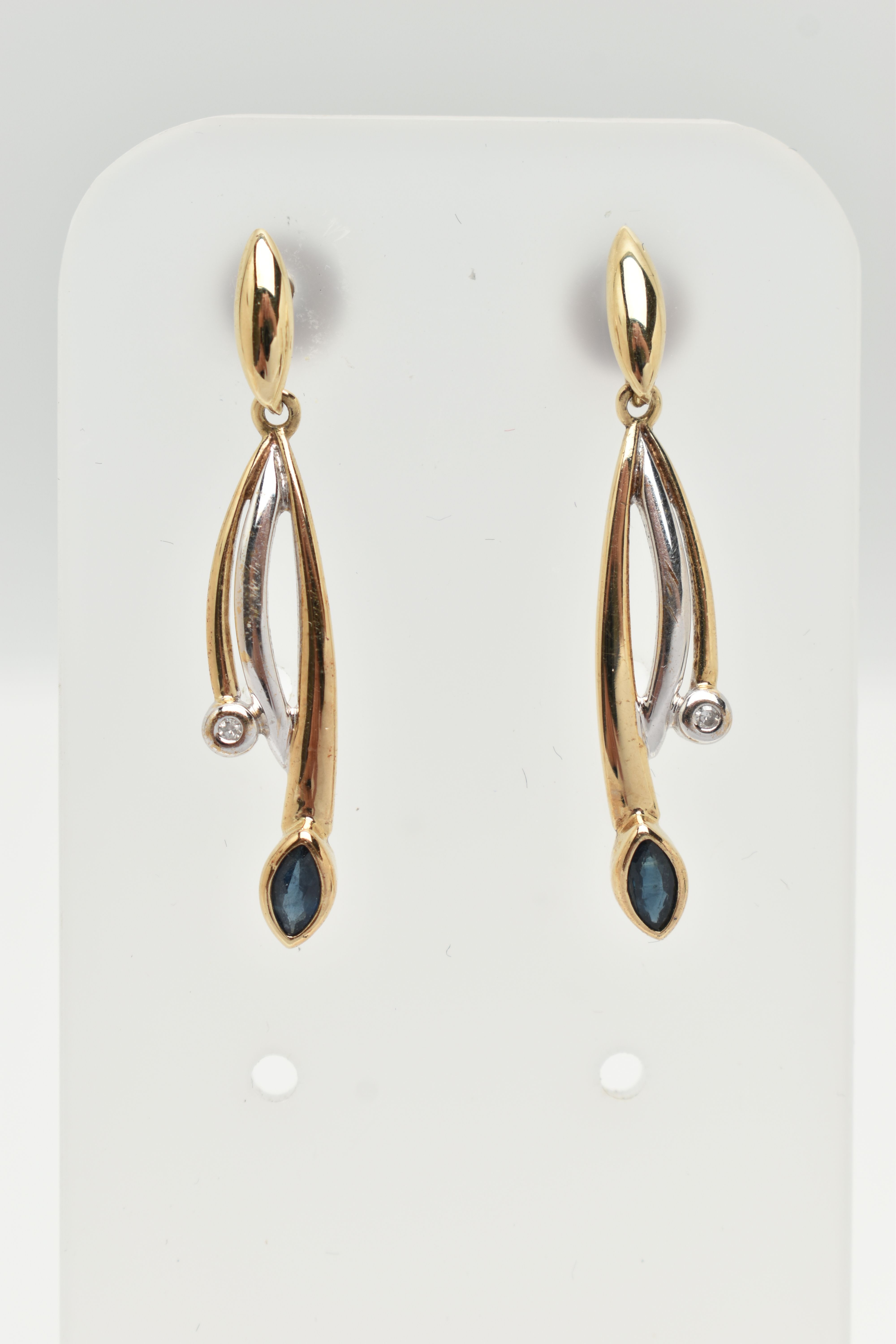 A BOXED PAIR OF 9CT GOLD SAPPHIRE AND DIAMOND EARRINGS, drop earrings each set with a marquise cut - Image 2 of 4