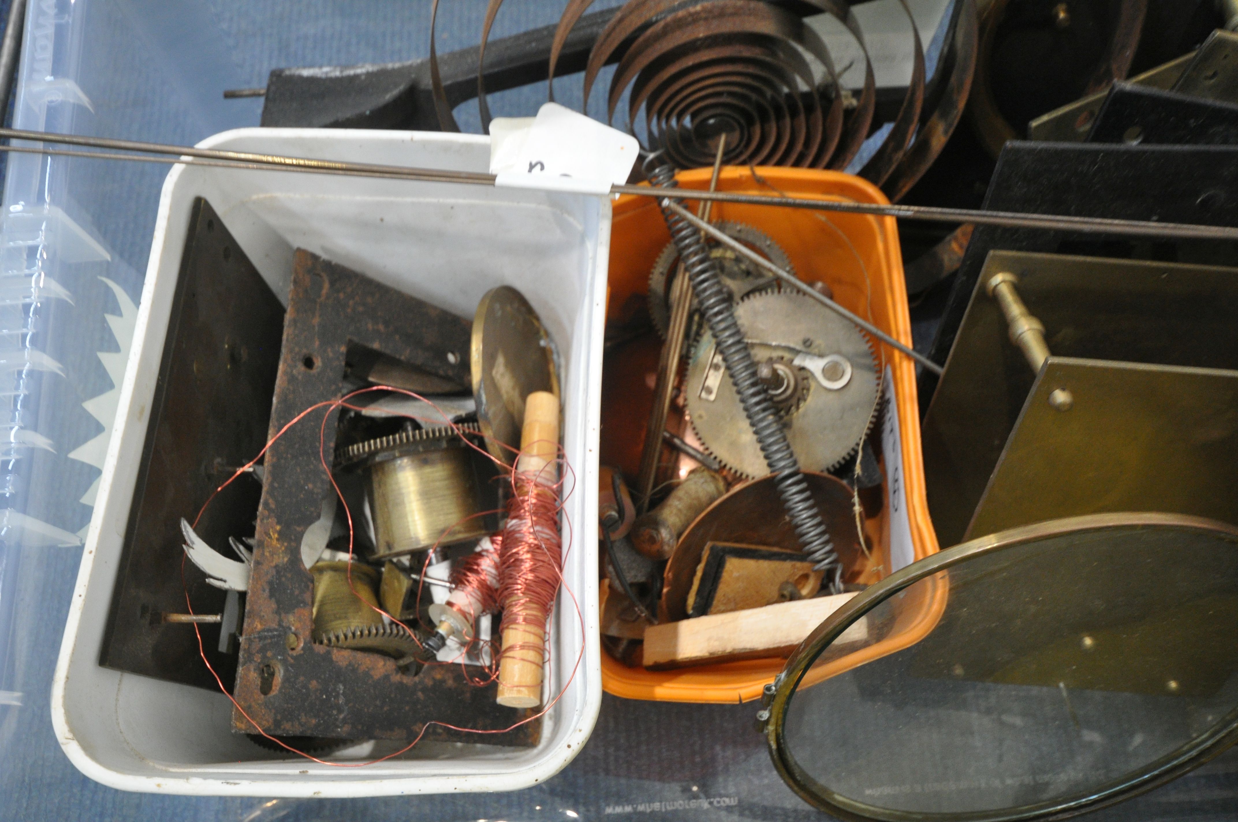 SIX TRAYS CONTAINING WATCHMAKERS TOOLS AND CLOCK PARTS, to include movements, weights, faces, - Image 13 of 19