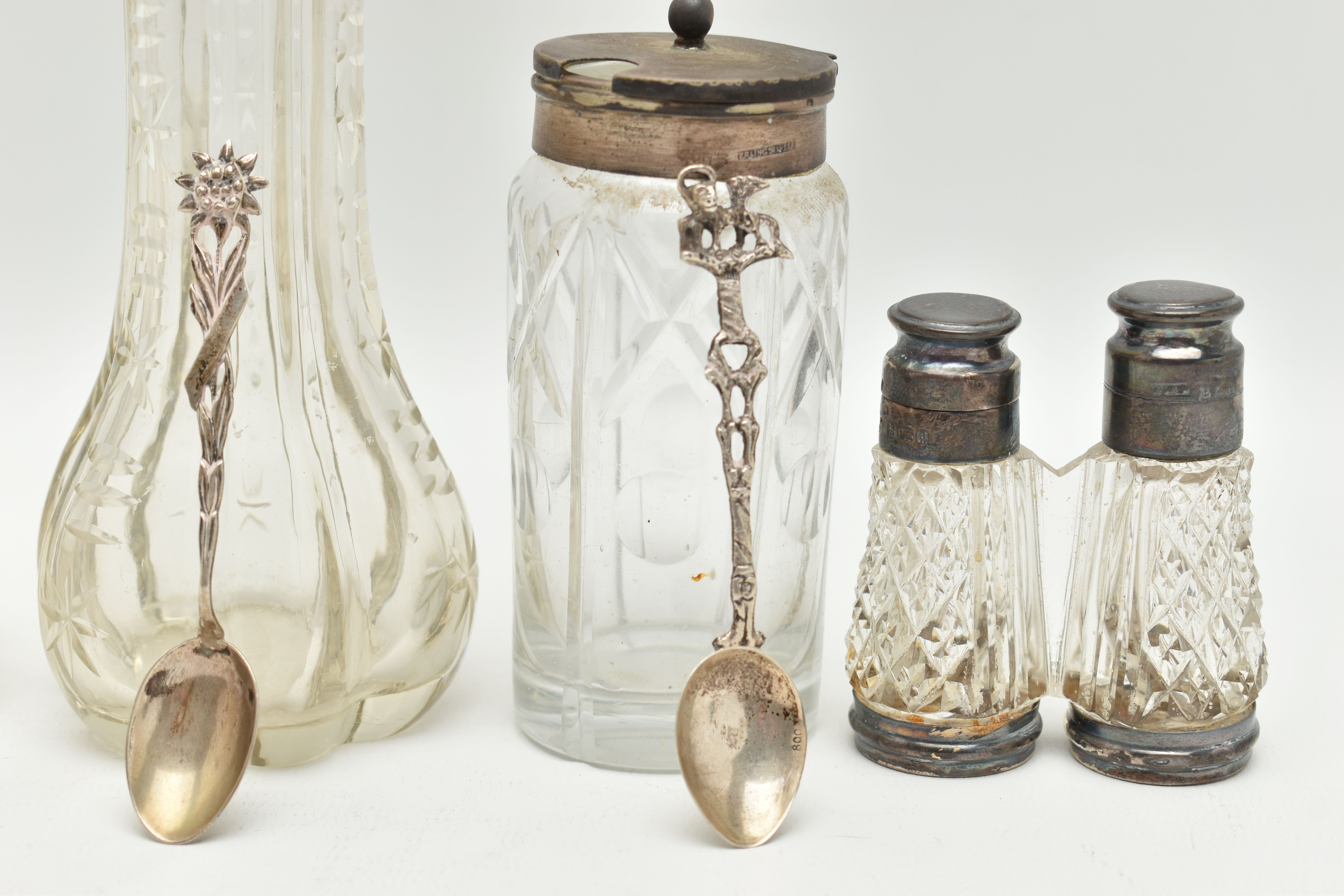 A SELECTION OF SILVER TOPPED GLASS ITEMS, to include a novelty salt and pepper shaker, designed as - Image 2 of 4