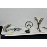 FOUR CAR MASCOTS MOUNTED ON GRANITE BASES, comprising Rolls Royce, Mercedes, Jaguar and Bentley,