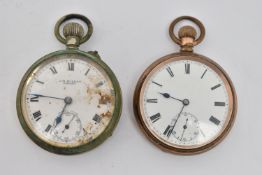 TWO OPEN FACE POCKET WATCHES, to include a gold plated, manual wind pocket watch, round white