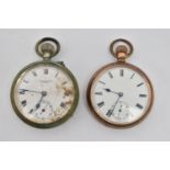 TWO OPEN FACE POCKET WATCHES, to include a gold plated, manual wind pocket watch, round white