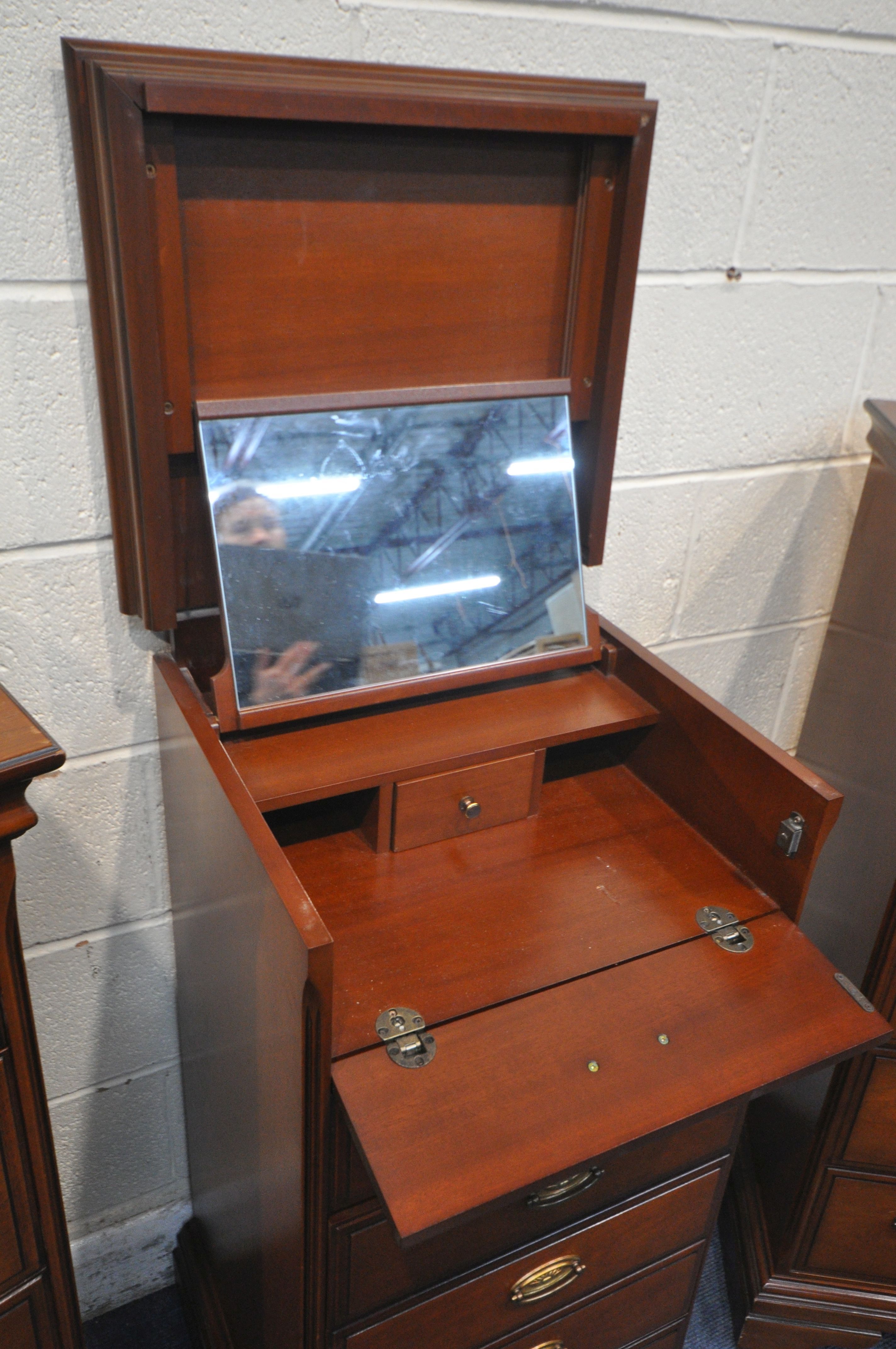 A PAIR OF STAG MAHOGANY CHESTS OF FIVE DRAWERS, width 82cm x depth 46cm x height 116cm, along with a - Image 4 of 4