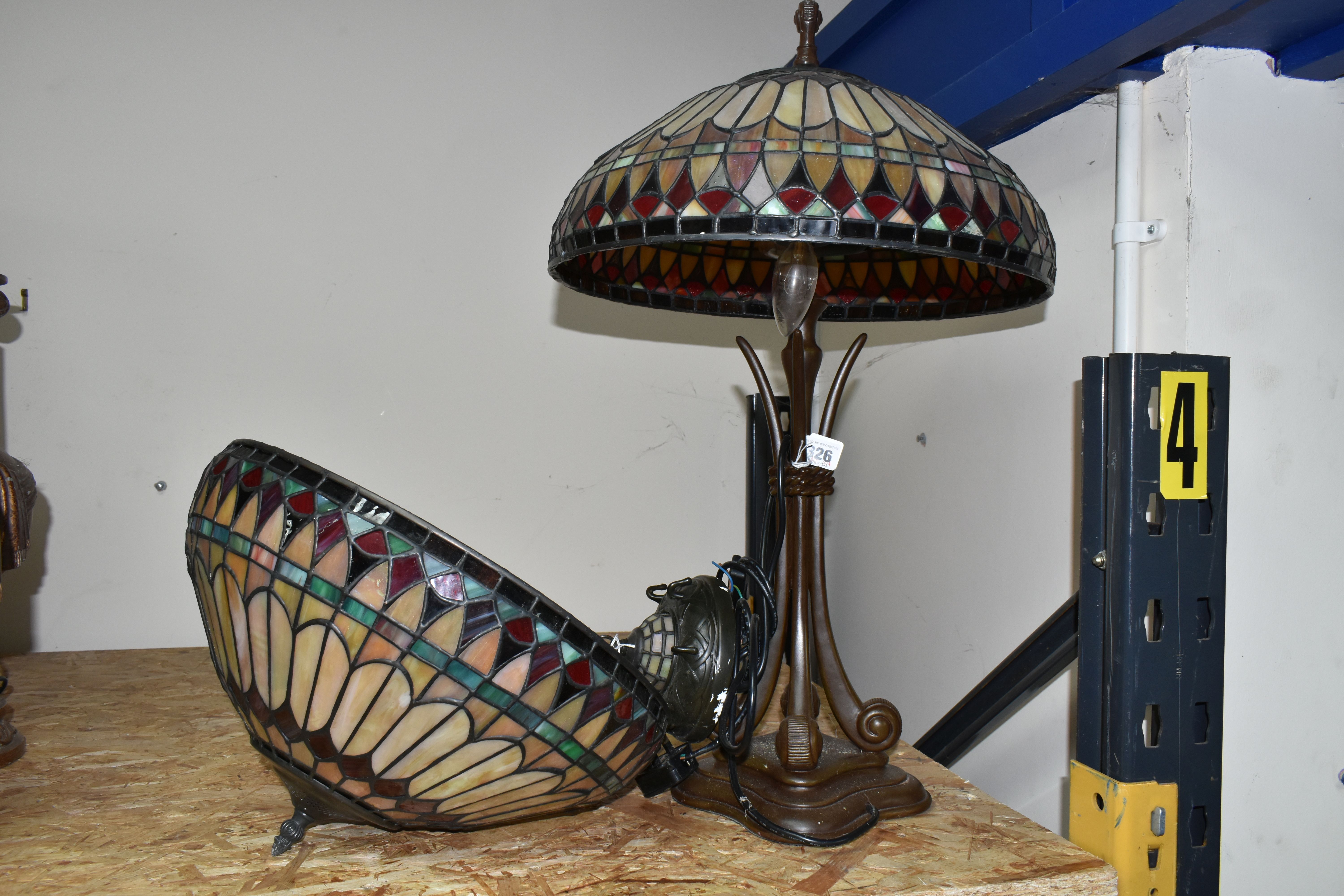 A LARGE TIFFANY STYLE LEADED GLASS TABLE LAMP AND SHADE, comprising matching multicoloured leaded
