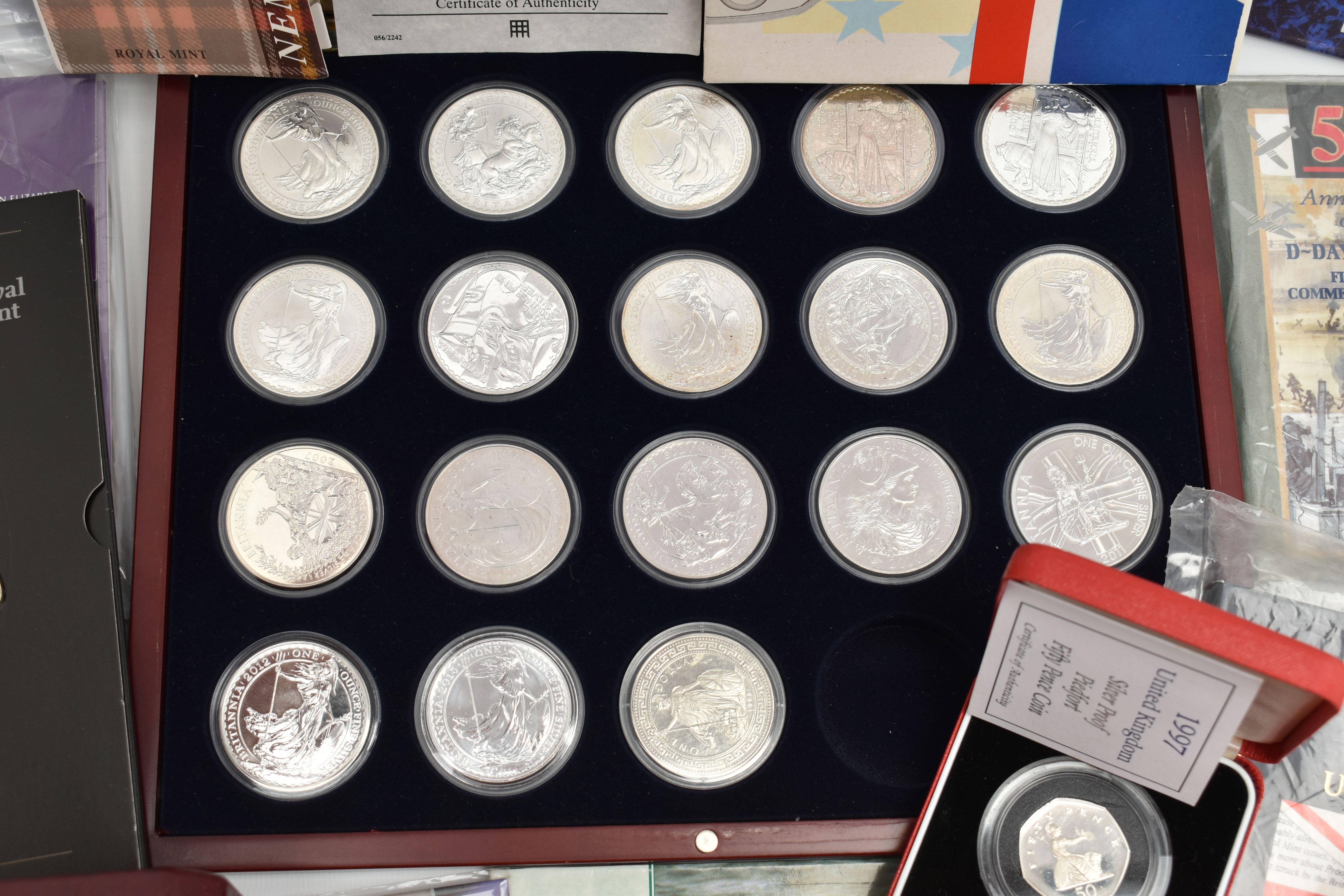 A RED BOX OF ROYAL MINT SILVER AND SILVER PROOF COINS TO INCLUDE 17 BRITANNIA COINS (Some with - Image 11 of 14