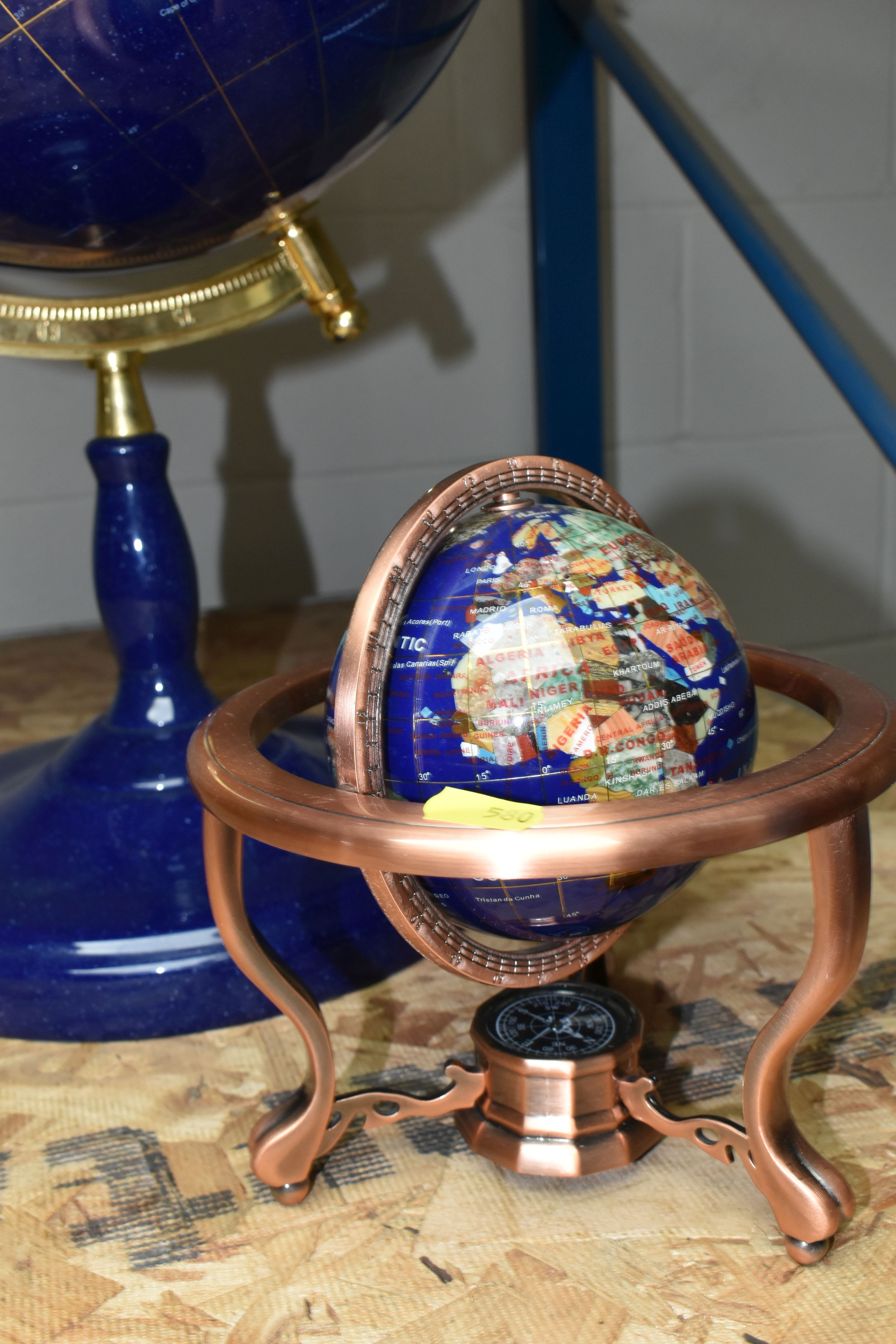 TWO MODERN HARDSTONE EFFECT TERRESTRIAL GLOBES, one on a blue plinth, approx. height 65cm, the other - Image 2 of 3