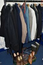 A QUANTITY OF GENTS CLOTHES AND A BOX OF SHOES, ETC, including a large Hamnett wool mix jacket, a