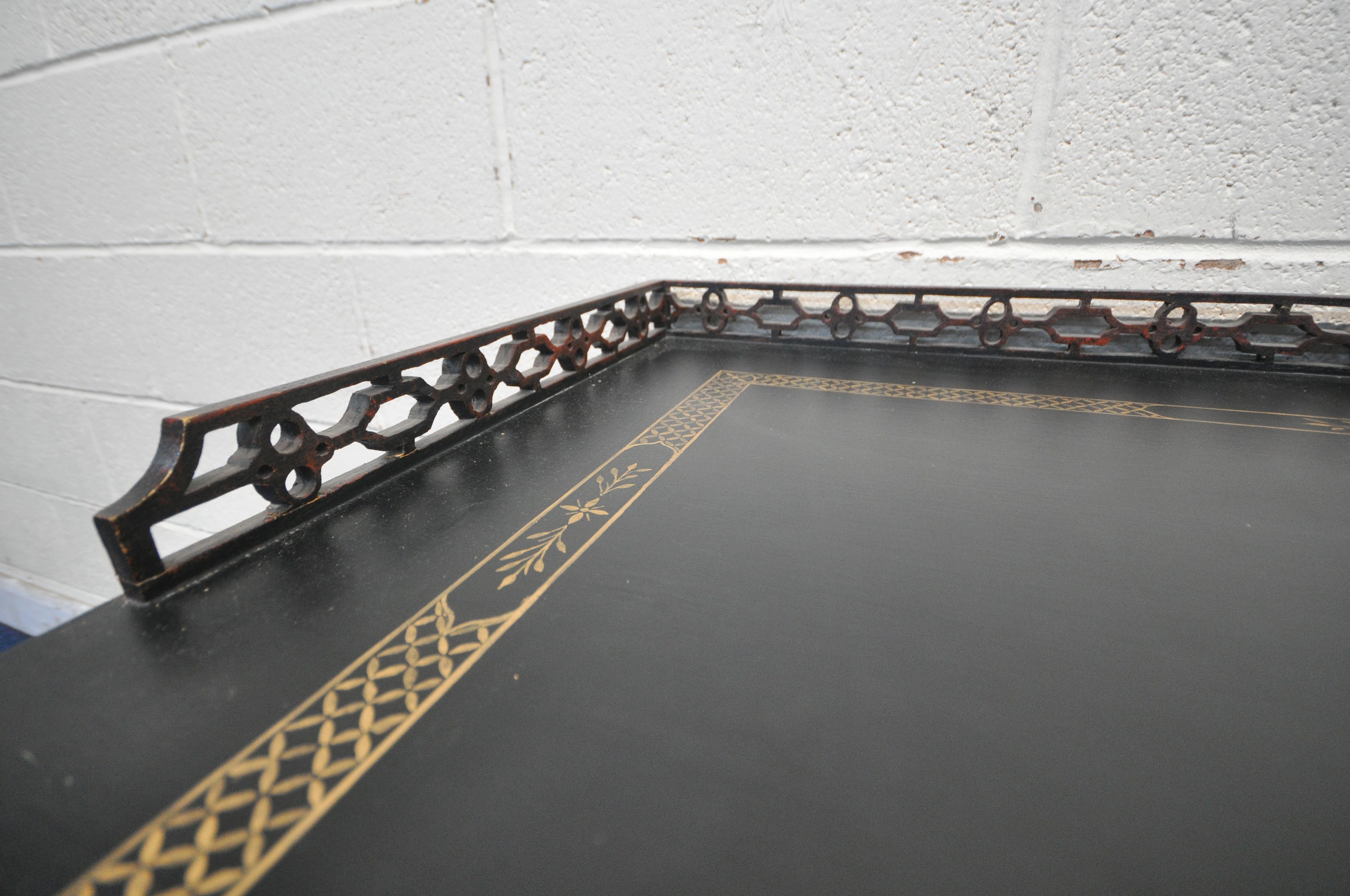A 20TH CENTURY ORIENTAL BLACK PAINTED OAK DESK, with gold details, a raised gallery, fitted with - Image 2 of 5