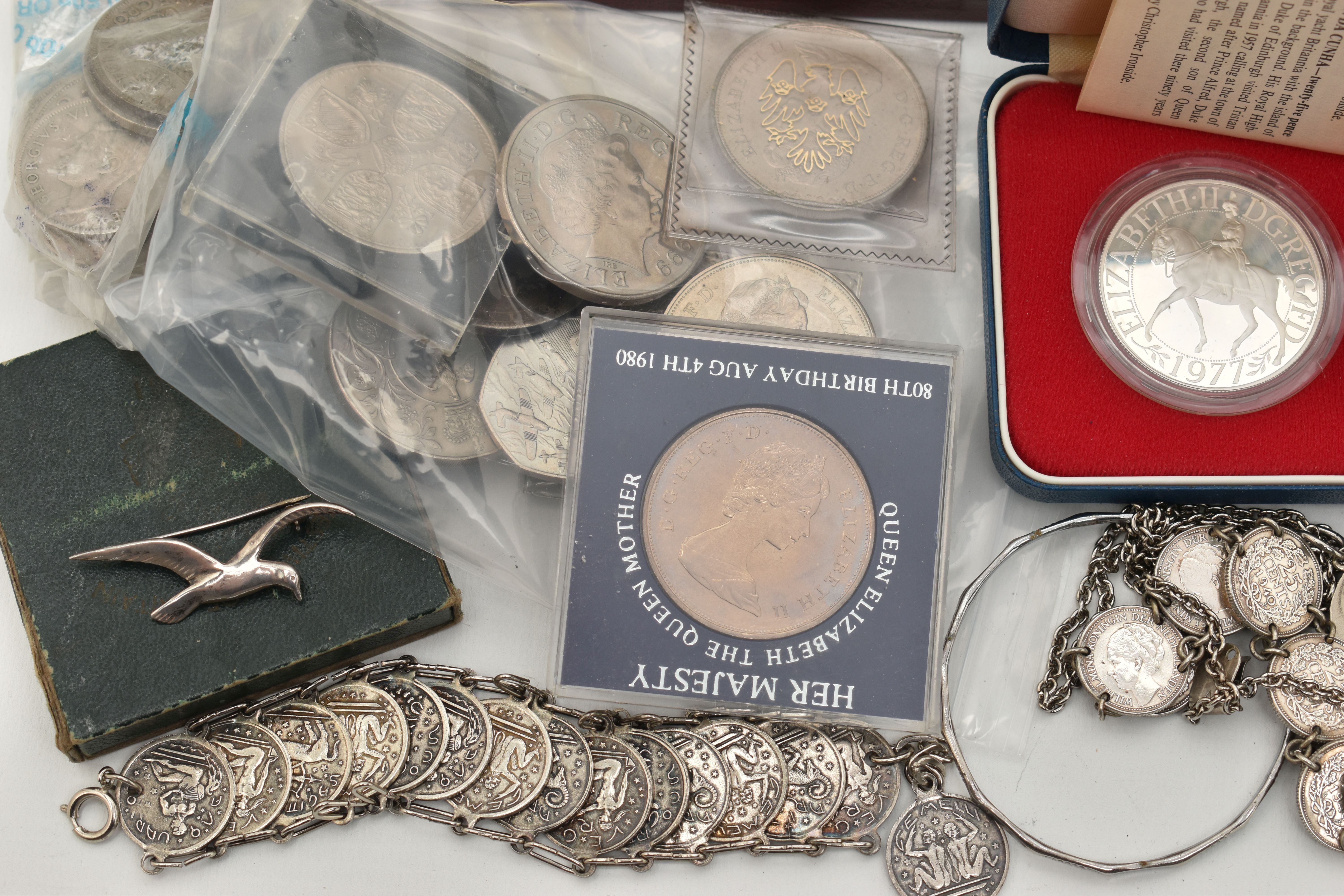 A SELECTION OF SILVER AND WHITE METAL JEWELLERY, COSTUME JEWELLERY AND COINS, to include a charm - Image 3 of 4