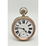 A GOLIATH POCKET WATCH, manual wind, round white dial, large Roman numerals, subsidiary dial at