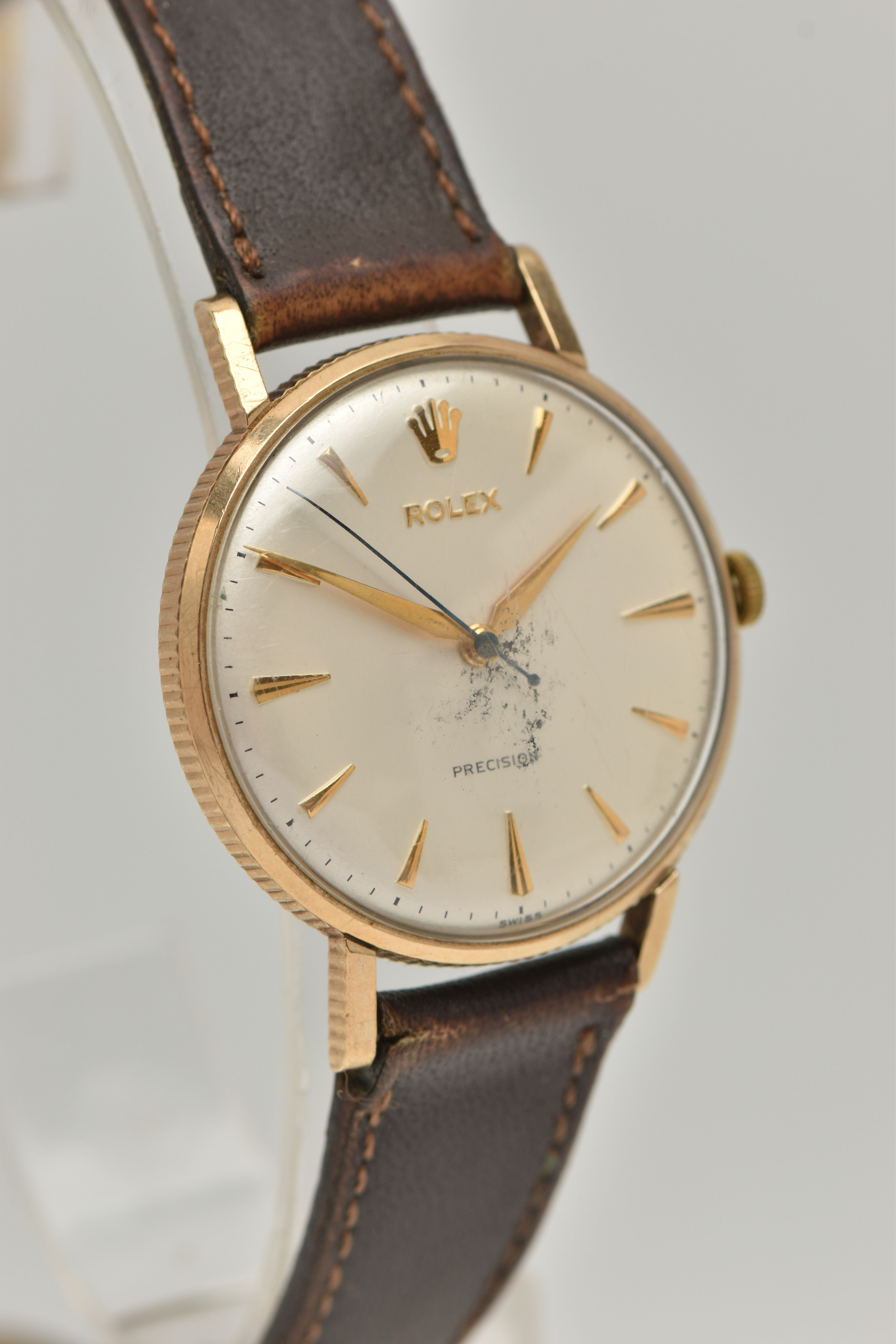 A 9CT GOLD 'ROLEX' WRISTWATCH, hand wound movement, round white dial, signed 'Rolex Precision', - Image 2 of 6