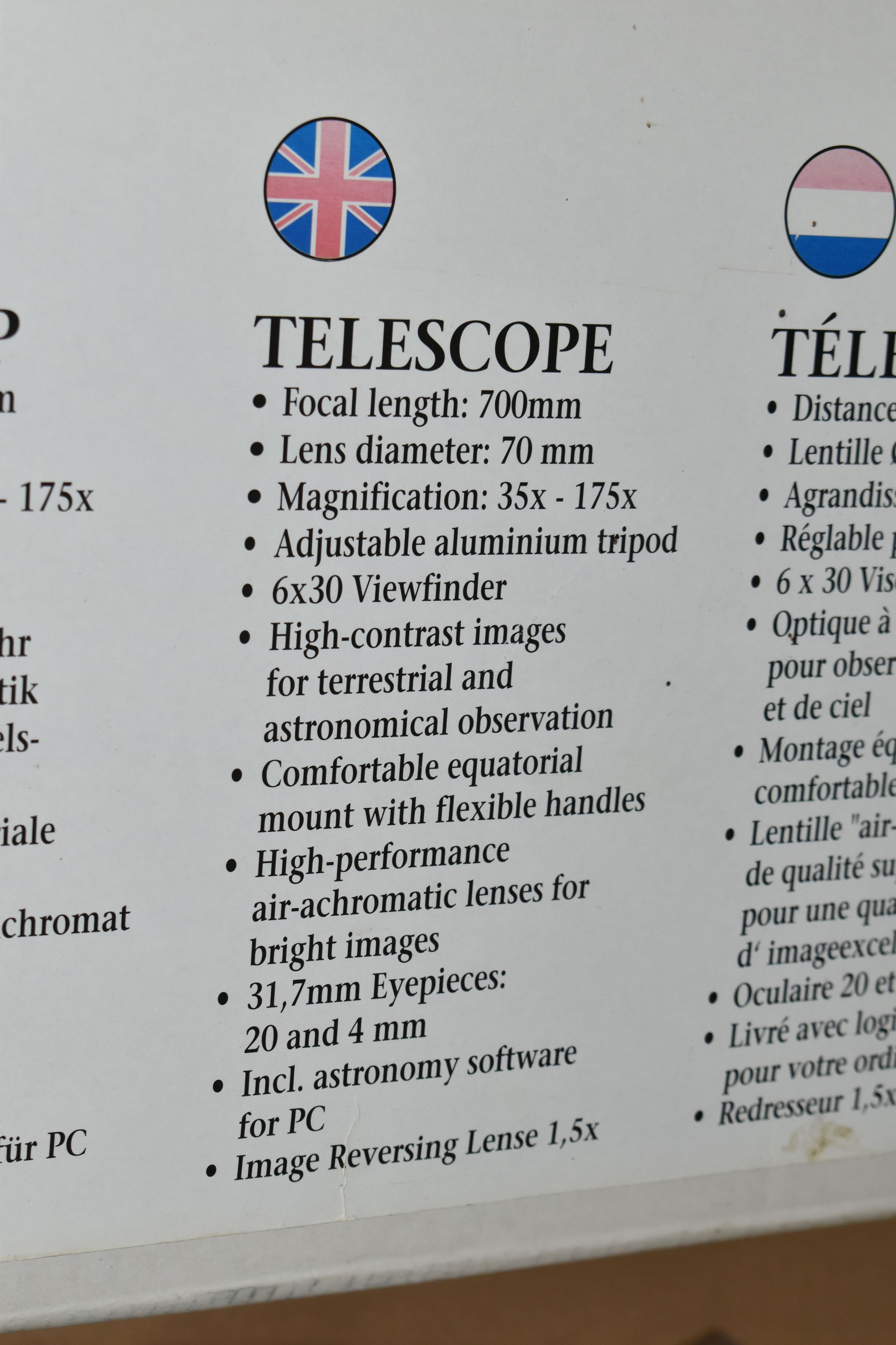 A BOXED 'SKYLUX' REFACTOR TELESCOPE, 70m f/7 on an equatorial mount and tripod, with instructions - Image 3 of 3