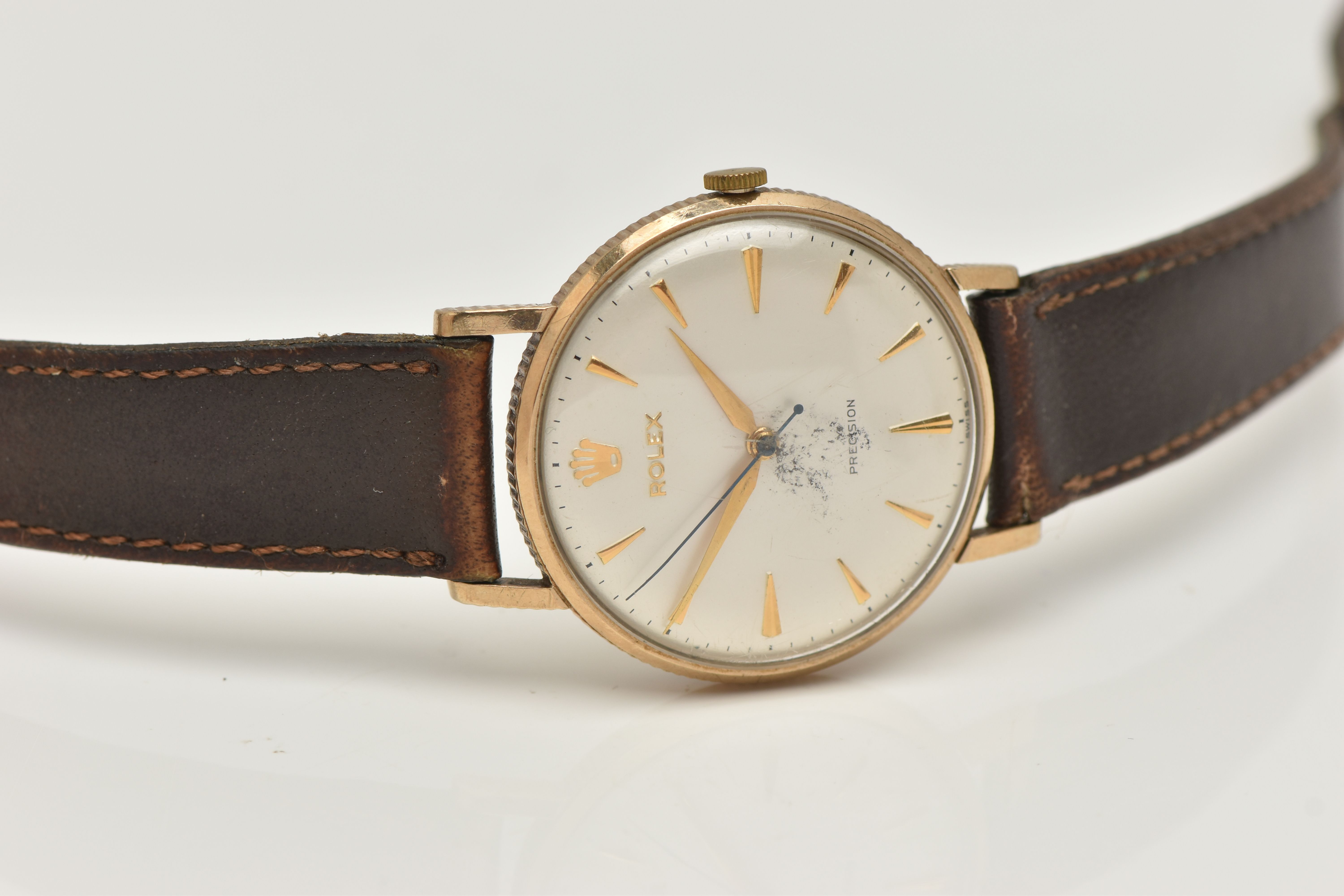 A 9CT GOLD 'ROLEX' WRISTWATCH, hand wound movement, round white dial, signed 'Rolex Precision', - Image 4 of 6