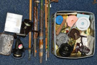 VINTAGE FISHING TACKLE ETC, to include an unbranded split cave fishing rod, approximate length 160cm