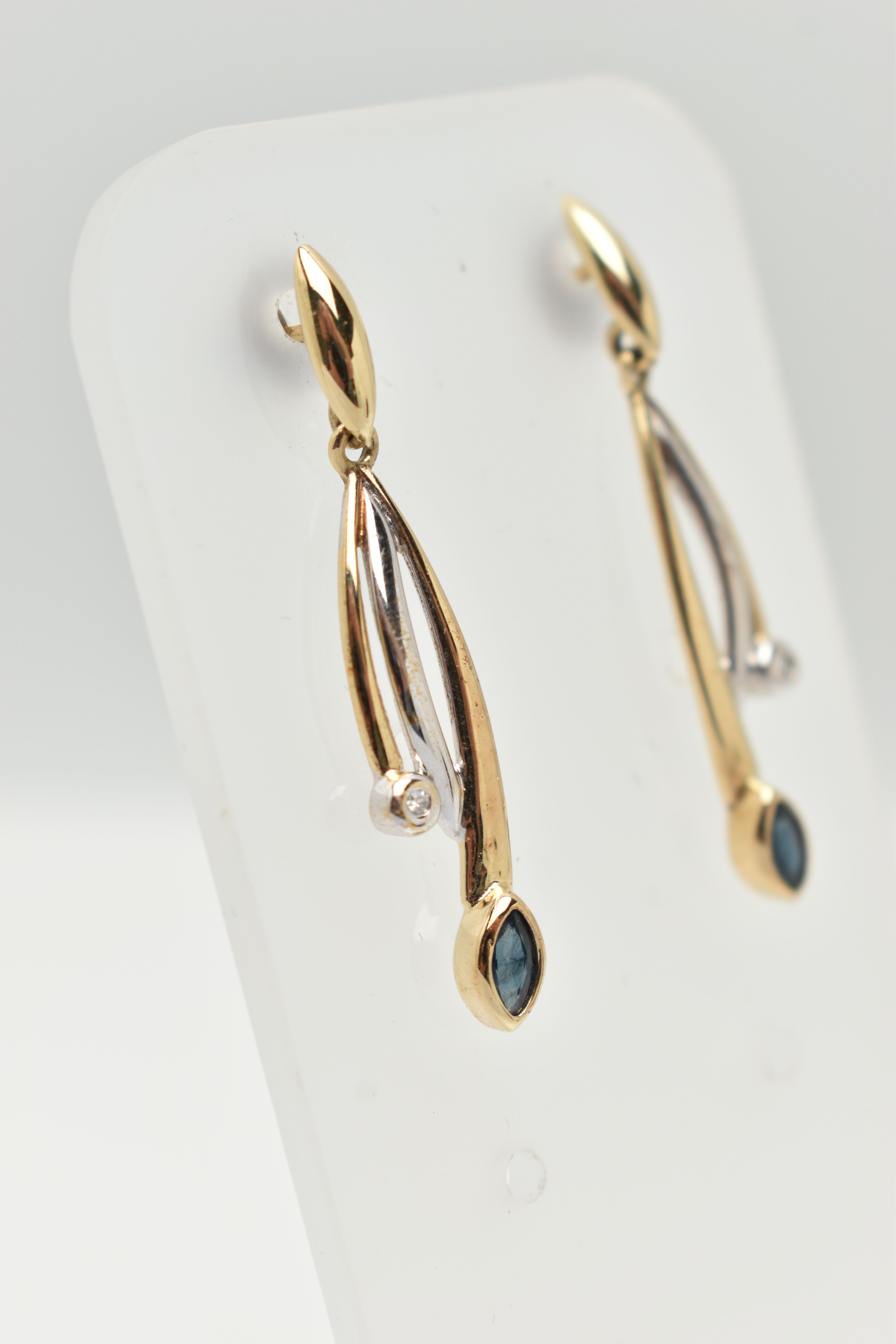 A BOXED PAIR OF 9CT GOLD SAPPHIRE AND DIAMOND EARRINGS, drop earrings each set with a marquise cut - Image 3 of 4