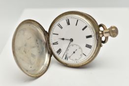 A WHITE METAL FULL HUNTER POCKET WATCH, manual wind, round white Roman numeral dial, subsidiary dial