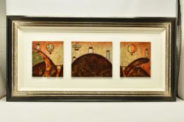 KERRY DARLINGTON (WALES 1974) A TRIPTYCH FANTASY LANDSCAPE, three hot air balloons are flying