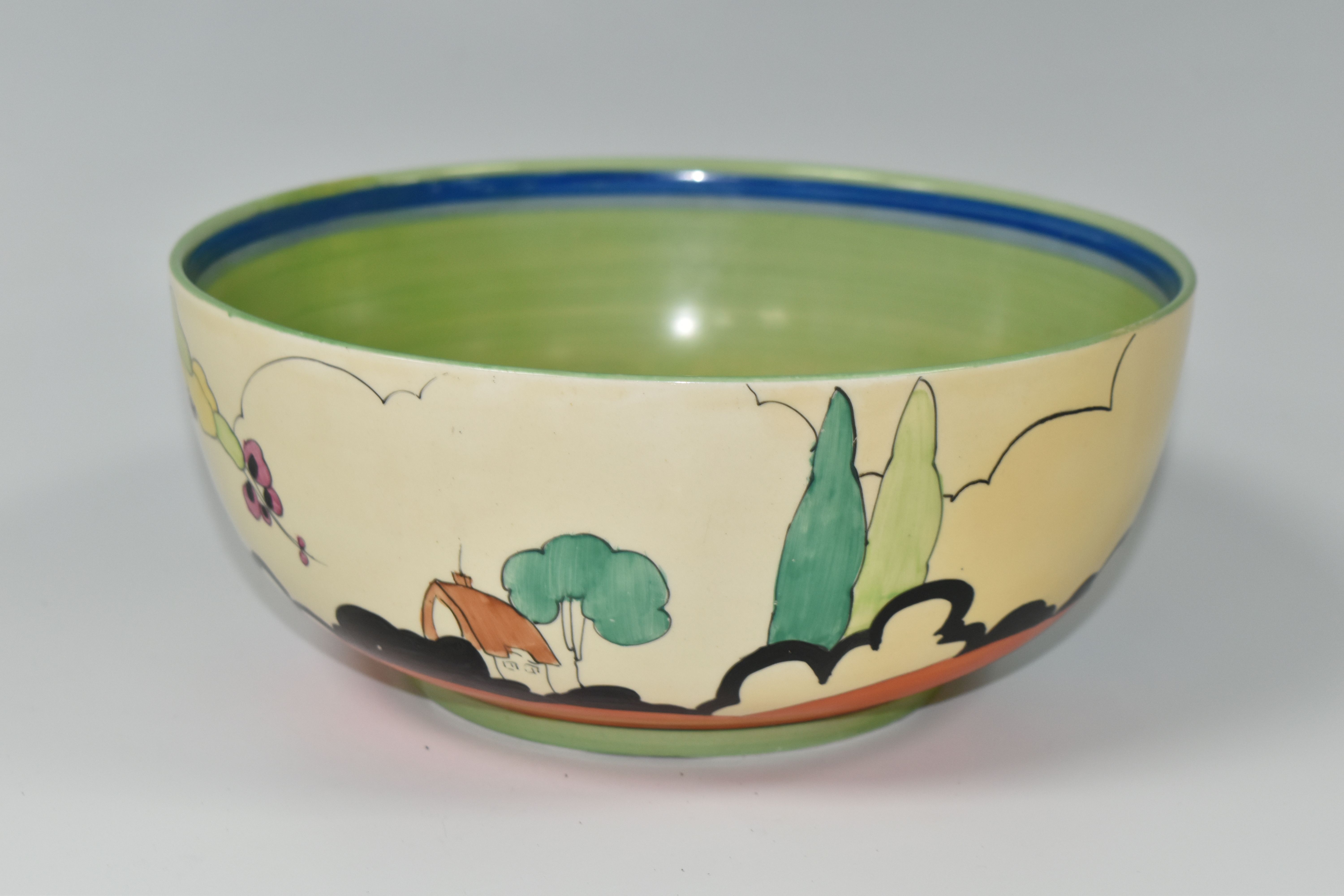 A CLARICE CLIFF 'APPLIQUE IDYLL' CRINOLINE LADY FRUIT BOWL, diameter 21cm, black printed - Image 2 of 7