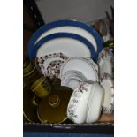 TWO BOXES OF DINNERWARE, to include five pieces of Hornsea Heirloom: two tureens, a coffee pot, a