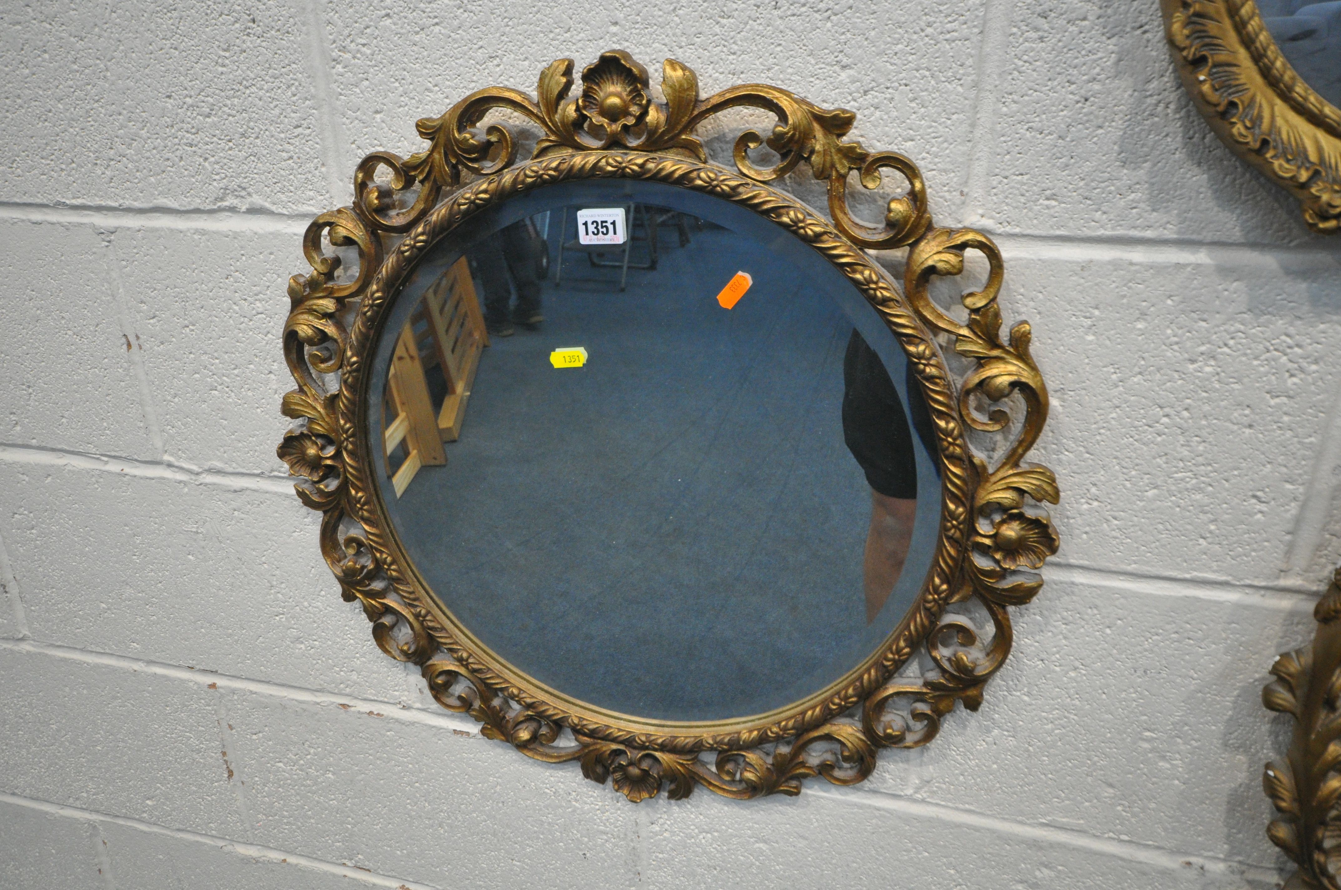 FOUR VARIOUS GILT WALL MIRRORS, two include a circular bevelled edge wall mirror, with foliate - Image 2 of 5
