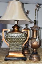 THREE BRONZED TABLE LAMPS, comprising a pair of bronzed urn style lamps missing shades, height