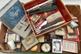 A BOX OF ASSORTED COSTUME JEWELLERY, to include costume brooches, imitation pearl necklaces,