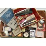 A BOX OF ASSORTED COSTUME JEWELLERY, to include costume brooches, imitation pearl necklaces,