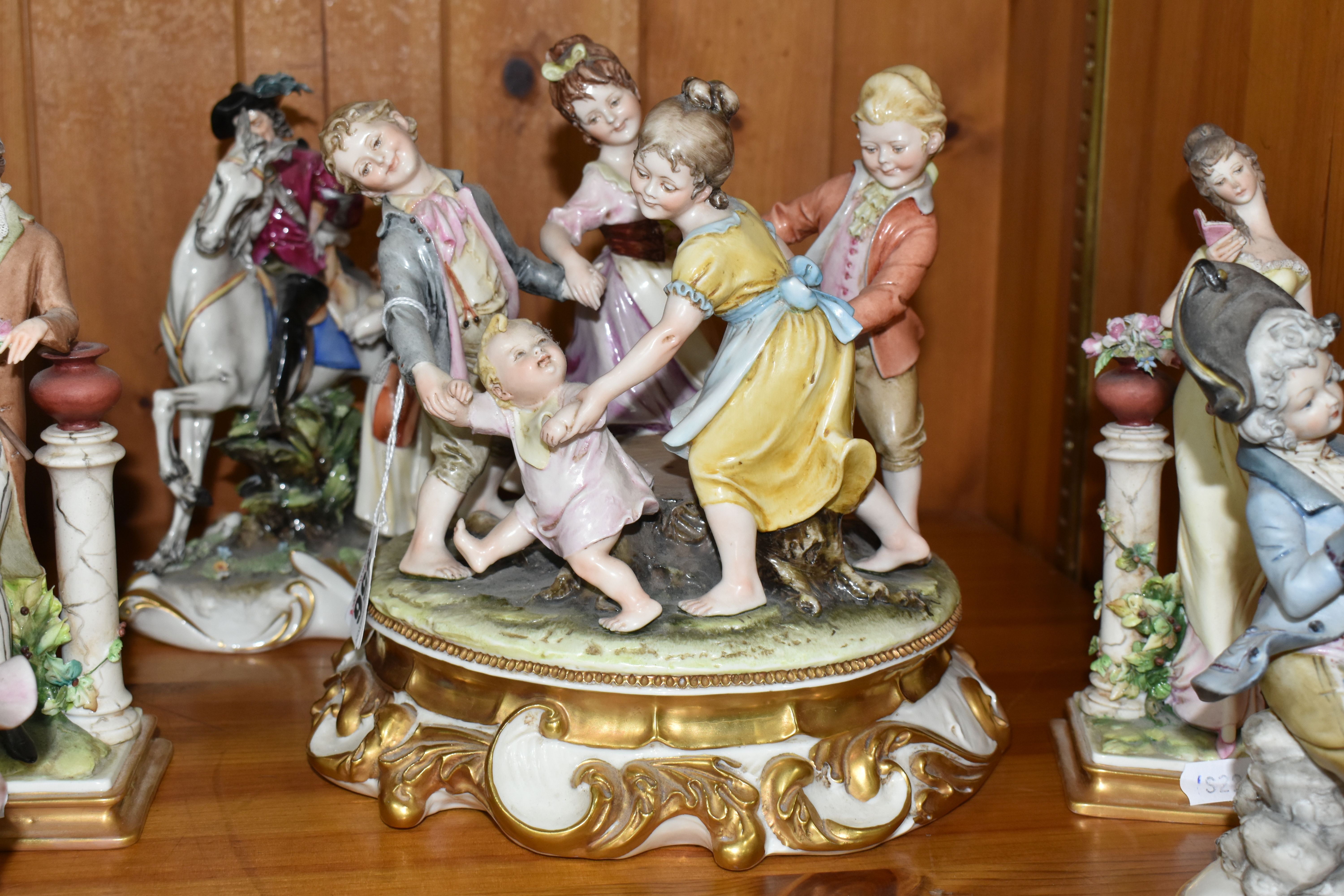 SIX CAPODIMONTE PORCELAIN FIGURAL GROUPS, comprising an Italian group of children dancing around a - Image 6 of 12
