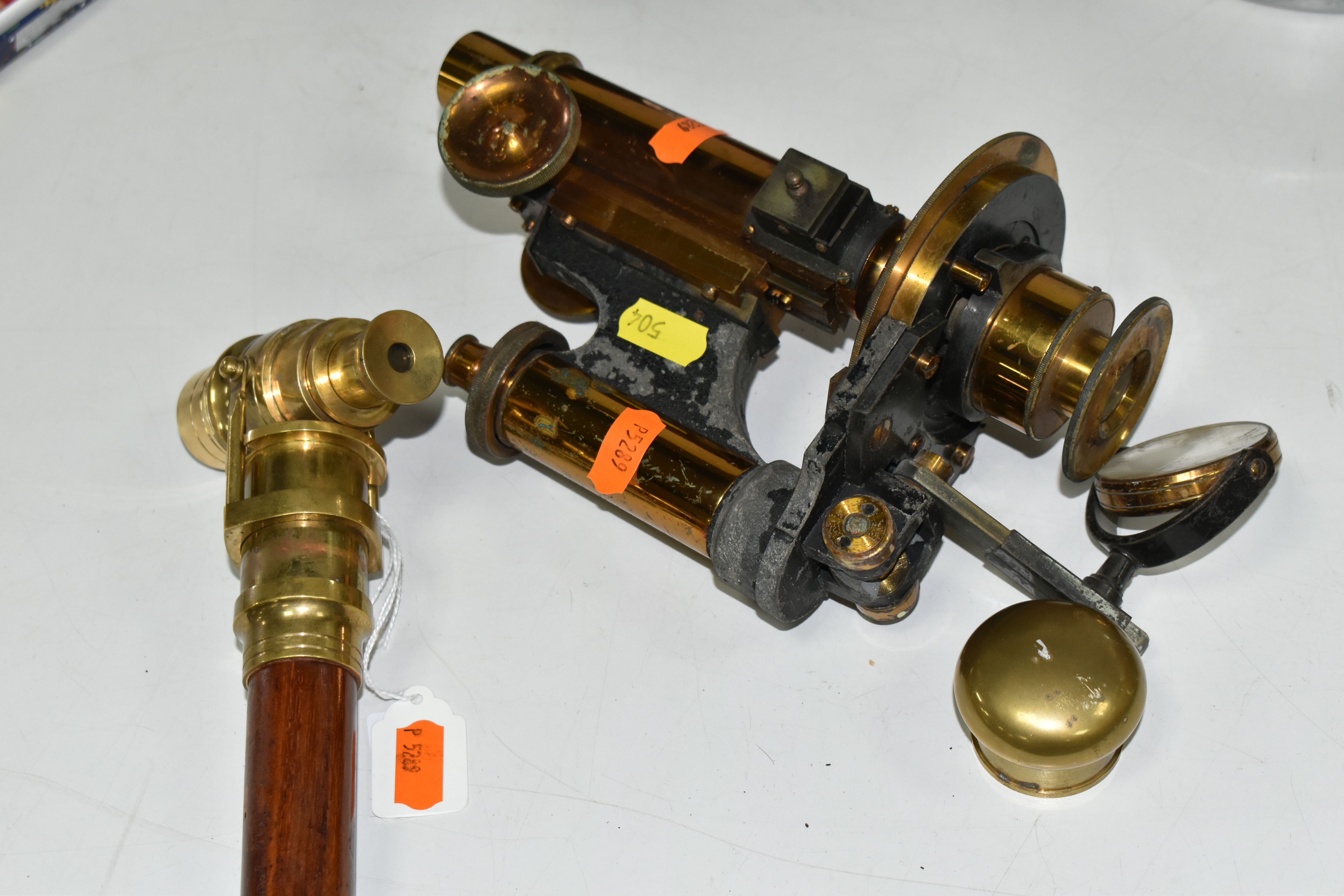 A REPRODUCTION WALKING CANE FITTED WITH BRASS TELESCOPE, length with telescope open 92cm, together - Image 8 of 8