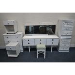 A SELECTION OF WHITE BEDROOM FURNITURE, to include a dressing table, with a single rectangular