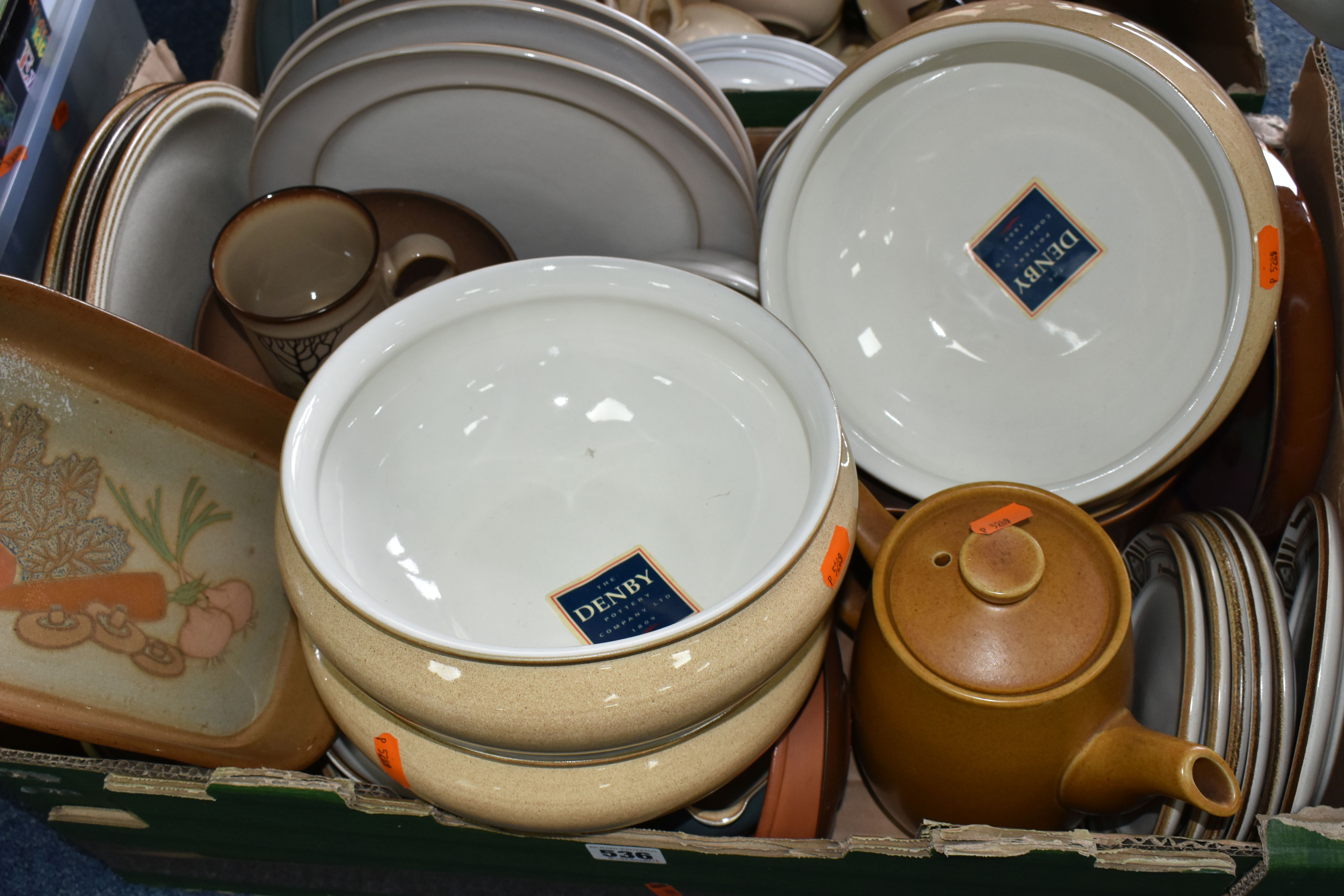 TWO BOXES OF ASSORTED DENBY DINNERWARE, comprising three large 'Luxor' design fruit bowls, 'Savoy' - Image 2 of 5