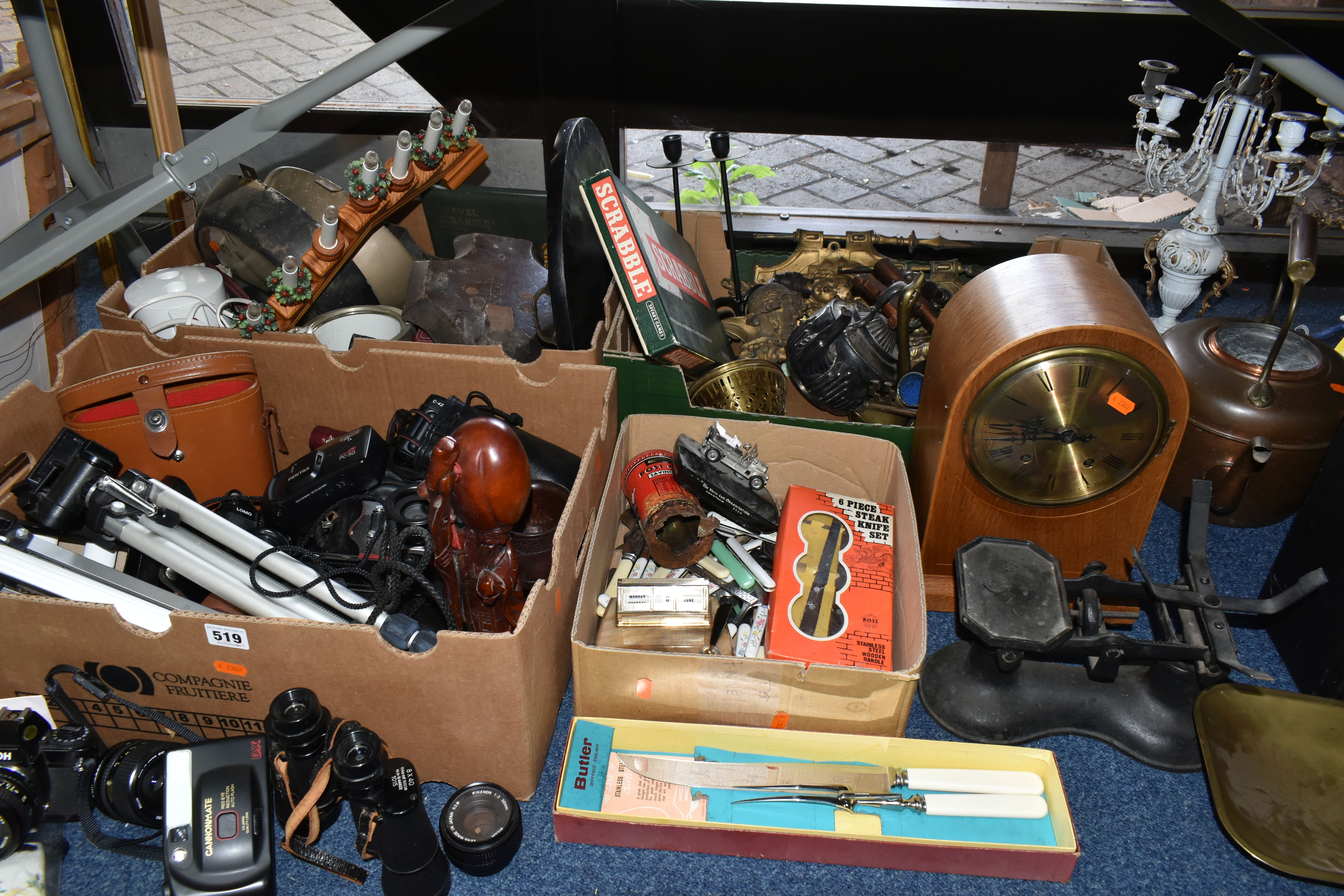 FOUR BOXES AND LOOSE MISCELLANEOUS SUNDRIES, to include a Praktica LTL camera, a Zenith Lomo camera,