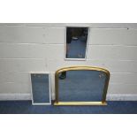 A GILT FRAMED ARCHED OVERMANTEL MIRROR, 98cm x 75cm, along with two small white mirrors (condition