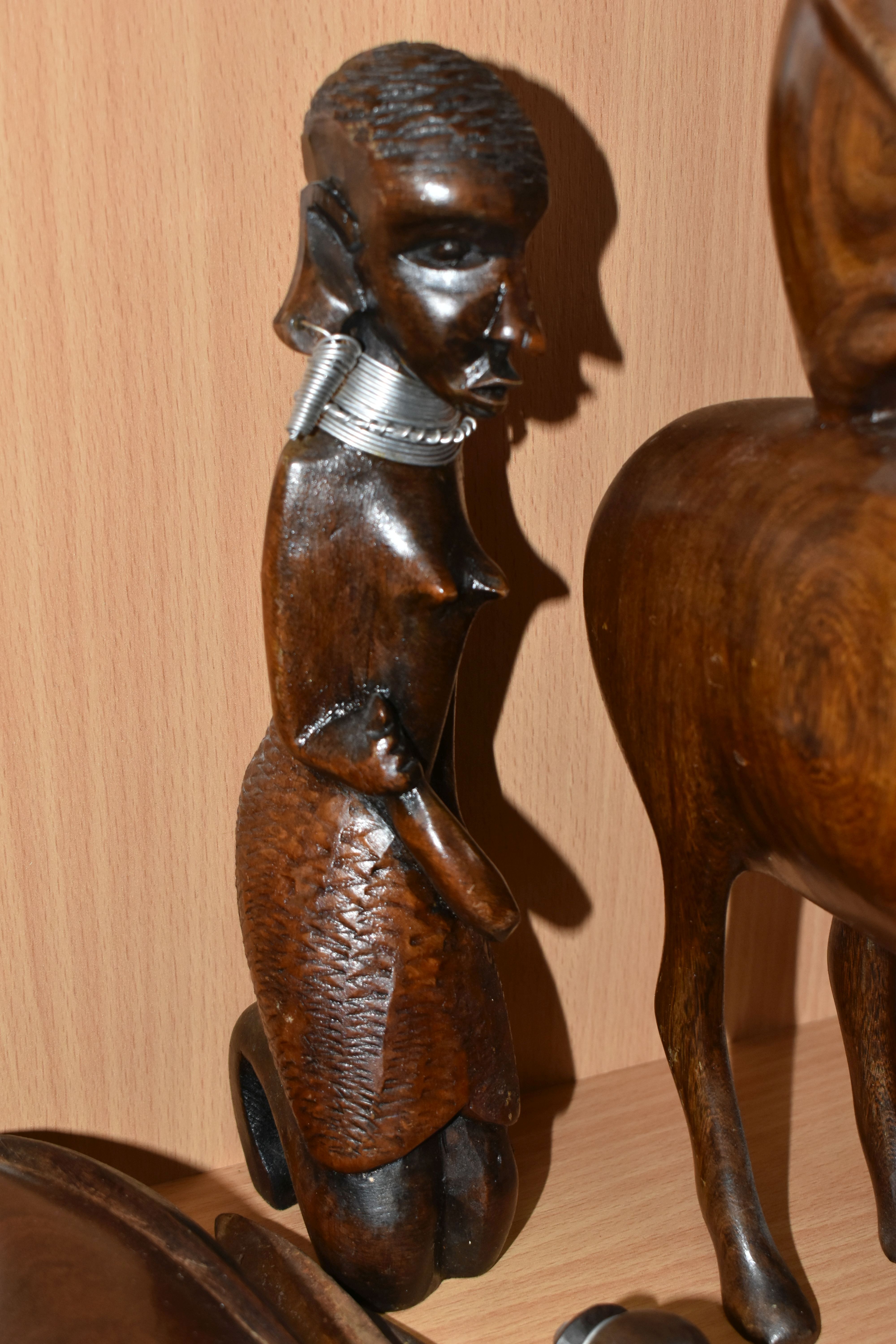 A GROUP OF CARVED HARDWOOD TRIBAL FIGURES, comprising ten carved wooden souvenir figures of animals, - Image 7 of 9