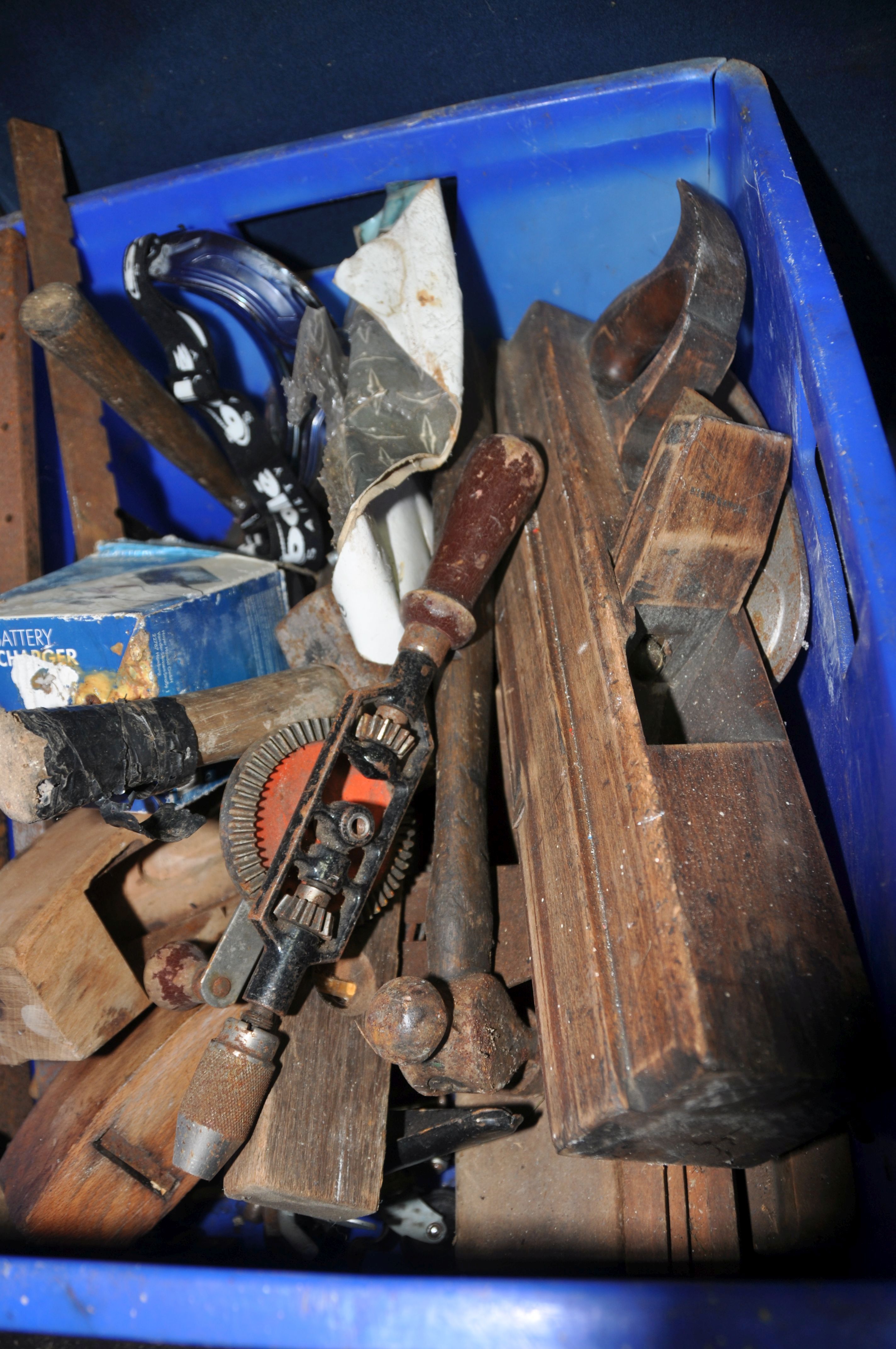 FOUR TOOLBOXES AND A TRAY CONTAINING TOOLS including two 17in wooden planes, two coffin planes, - Image 10 of 10