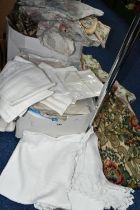 TWO BOXES OF VINTAGE CURTAINS AND TABLE LINEN, to include a quantity of curtain linings, lace and