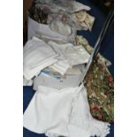 TWO BOXES OF VINTAGE CURTAINS AND TABLE LINEN, to include a quantity of curtain linings, lace and