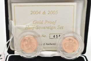 A ROYAL MINT 2004 & 2005 GOLD PROOF HALF SOVEREIGN SET, number 458 of 750 in box with