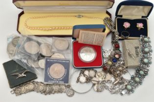 A SELECTION OF SILVER AND WHITE METAL JEWELLERY, COSTUME JEWELLERY AND COINS, to include a charm