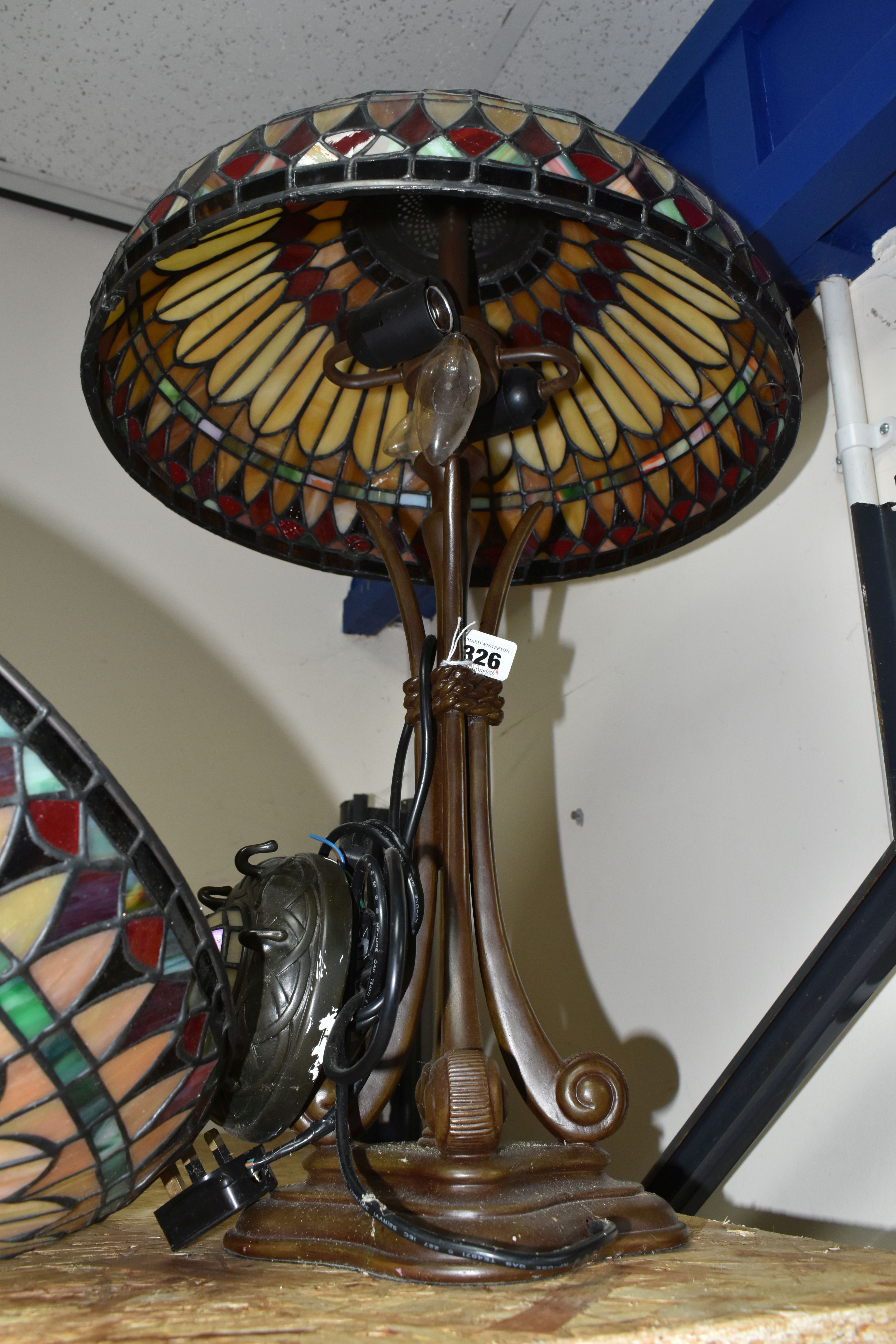 A LARGE TIFFANY STYLE LEADED GLASS TABLE LAMP AND SHADE, comprising matching multicoloured leaded - Image 3 of 6