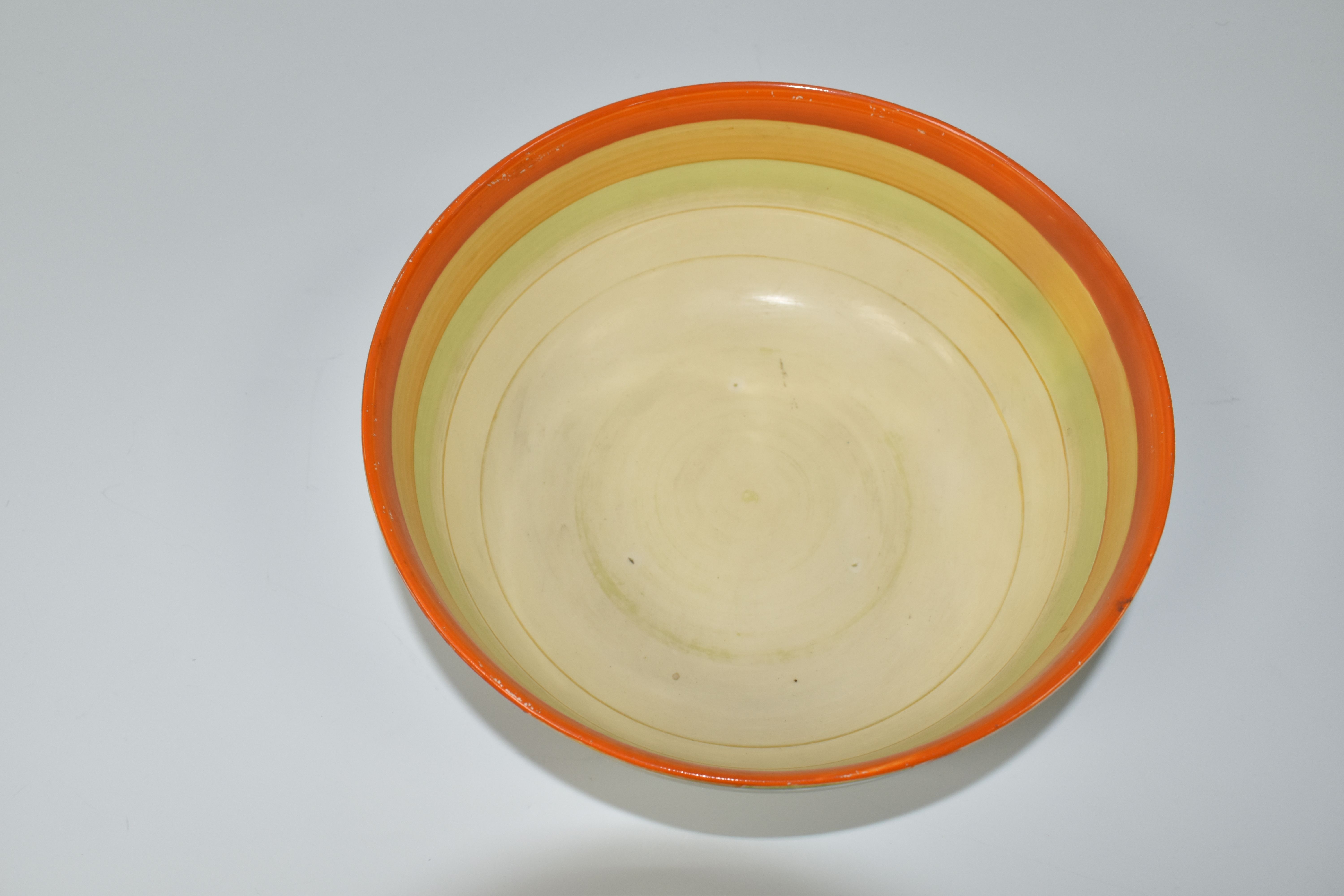 A CLARICE CLIFF 'WINDBELLS' DESIGN BOWL, with a vibrant orange, yellow, green and cream banding on - Image 4 of 7